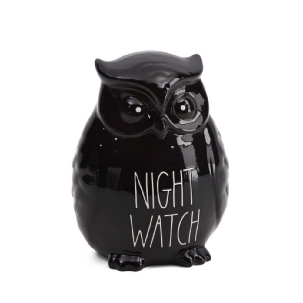 RAE DUNN Ceramic Black Owl Figurine with 'Night Watch' Text Fall Halloween